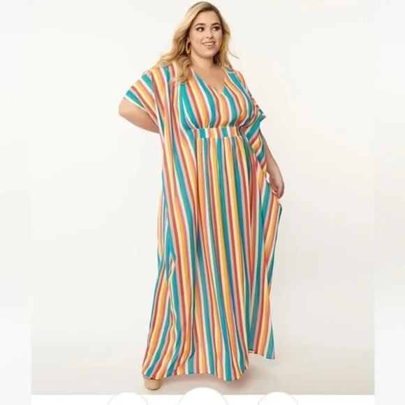 [Unique Vintage] Rainbow Striped V-Neck Kaftan Coverup Dress One Size Fits Most - Picture 1 of 11
